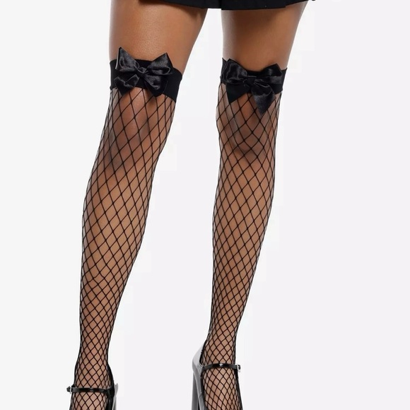 NEW Leg Avenue Black Fishnet Bow Thigh Highs - Picture 1 of 5